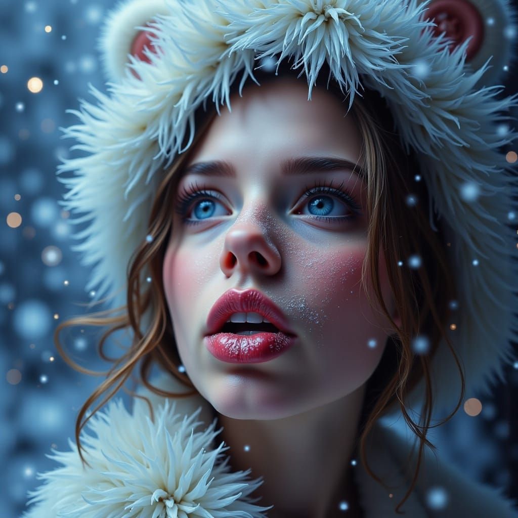 Person Catching Snowflakes with Tongue in Glitch Style