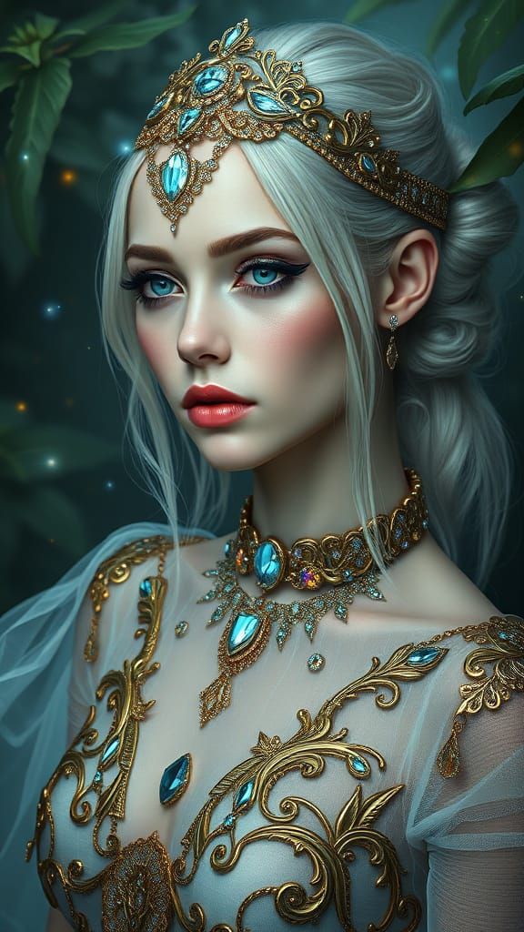 Cyberpunk Goddess with Futuristic Headpiece and Gown