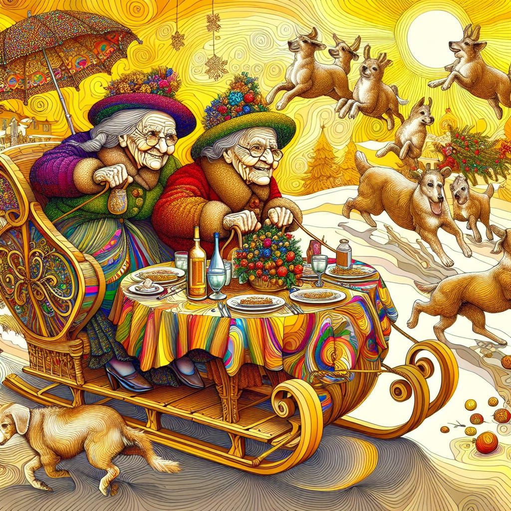 Comically Drawn Old Ladies in a Whimsical Christmas Scene
