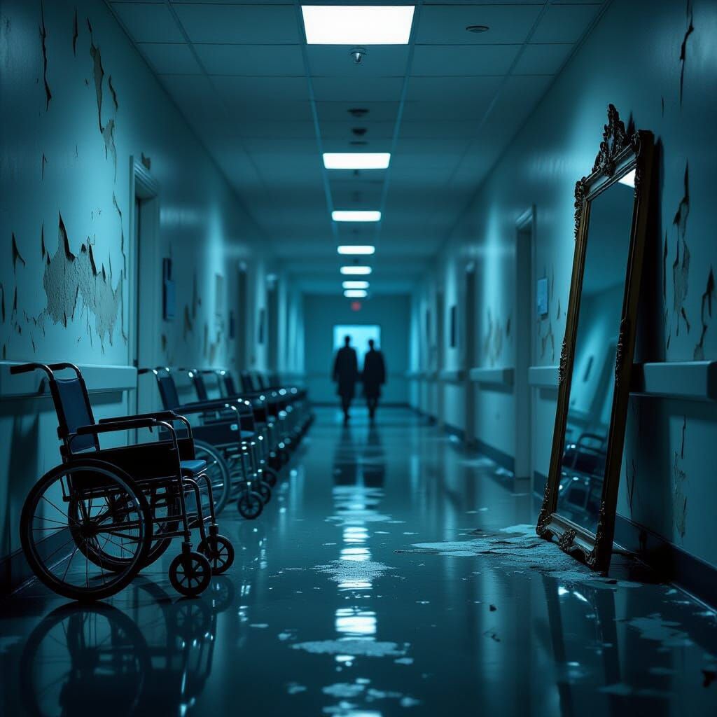 Endless Hospital Hallway with Spectral Mirror Reflection