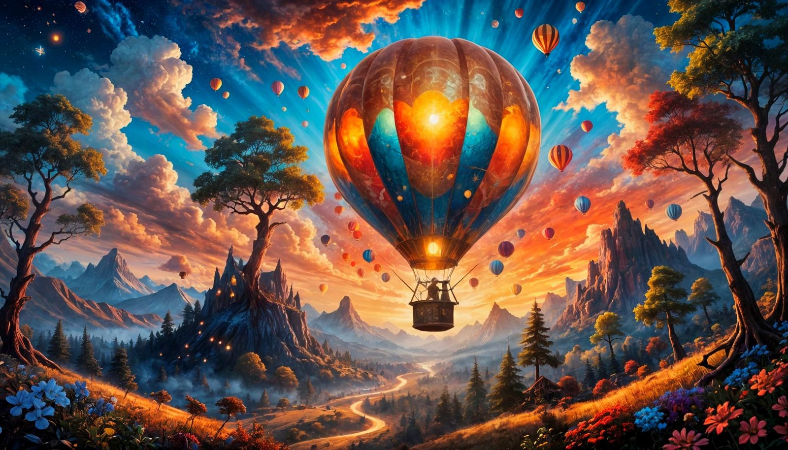 Fantasy Hot Air Balloon Soars in Vibrant Cosmic Sunset