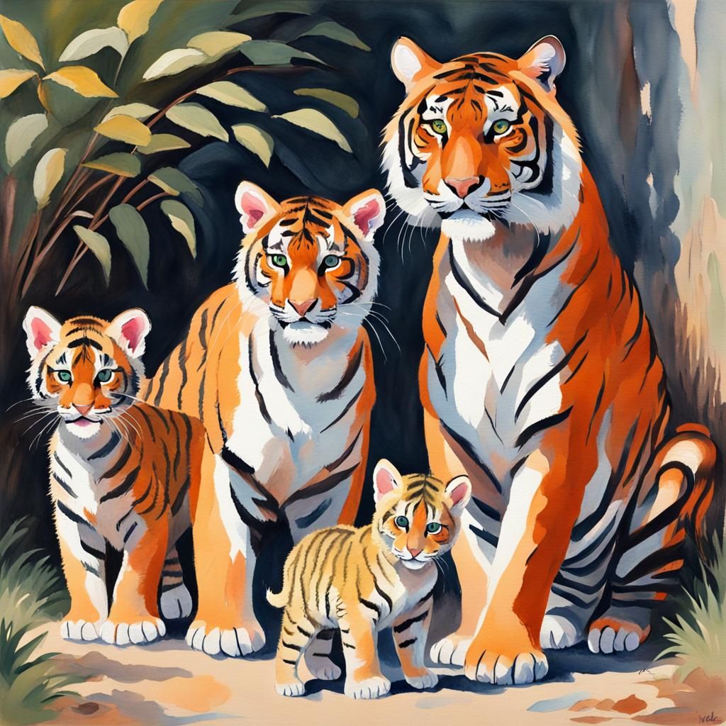 Tiger Family in Gouache Watercolor Style