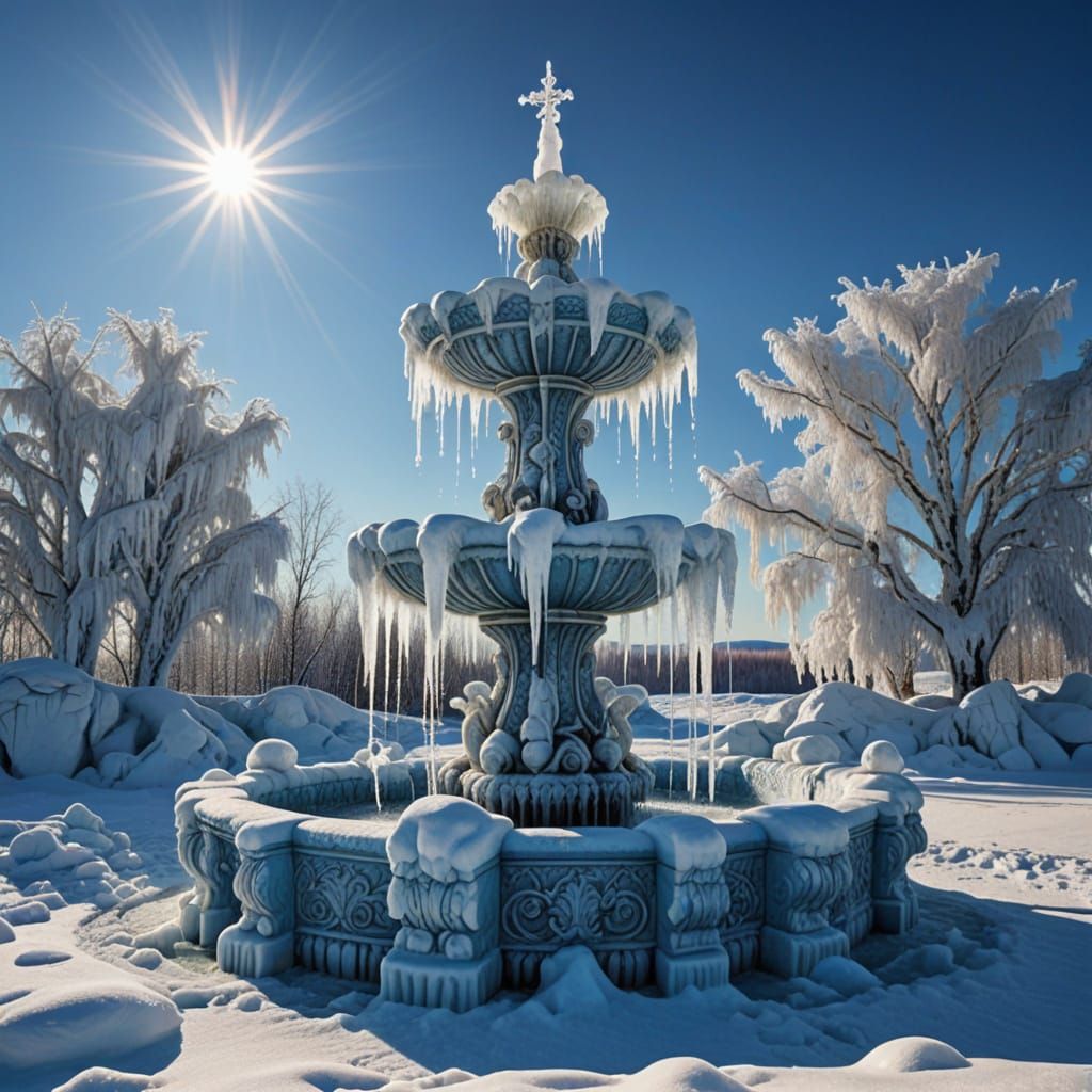 Frozen Baroque Polar Bear Fountain in Arctic Sunset