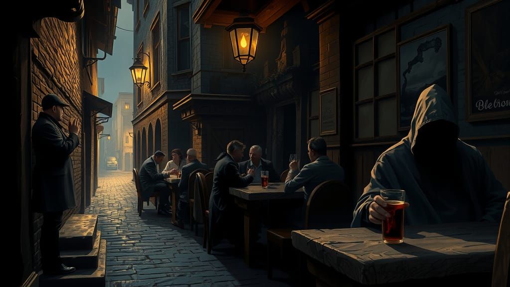 Gritty Noir Tavern Scene with Mysterious Cloaked Figure