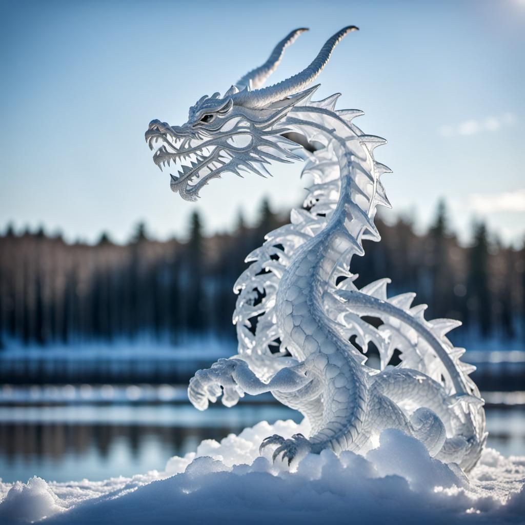Ice Dragon Sculpture by Frozen Lake