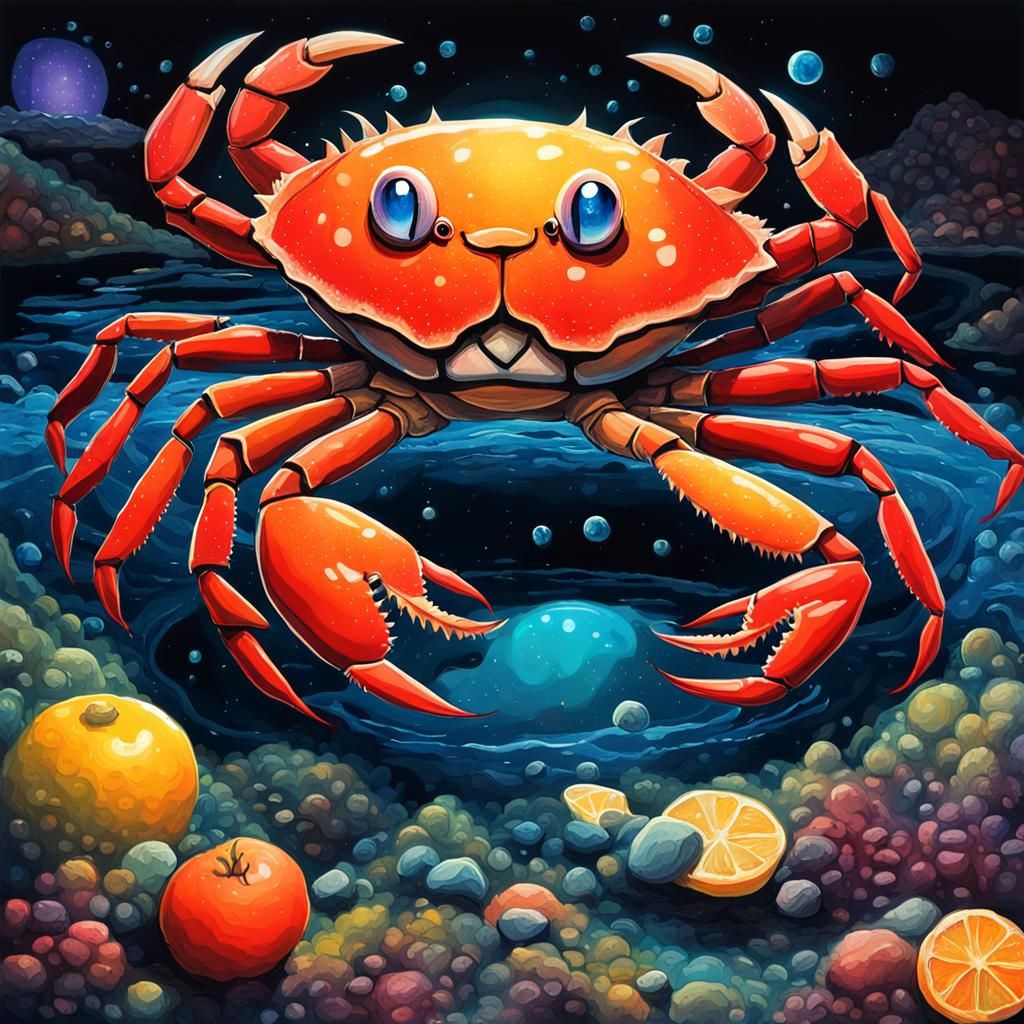 Cartoon Crab in Fantastical Acrylic Environment