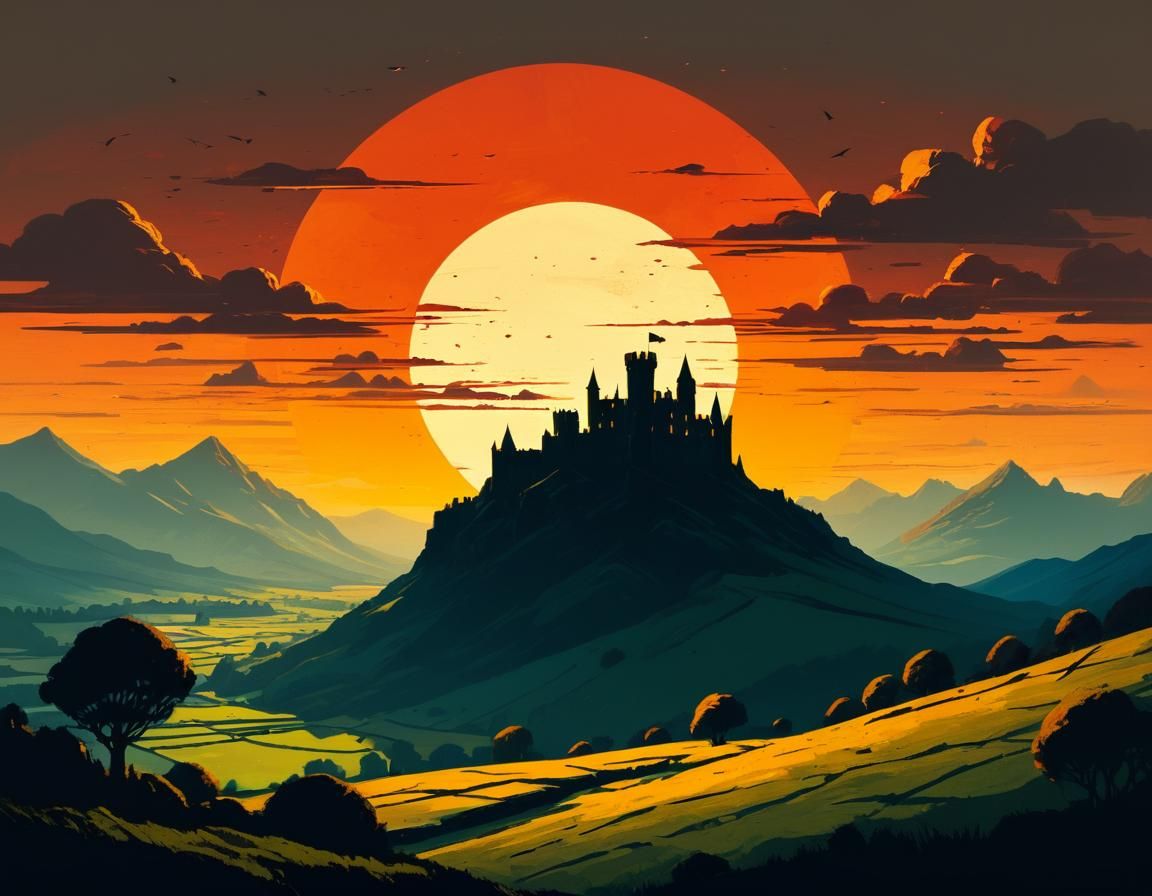Landscape Painting with Castle Silhouette at Sunset