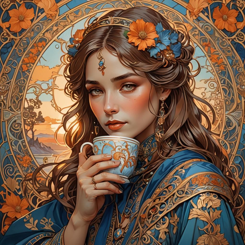 Woman Sipping Coffee: Art Nouveau Portrait at Sunset