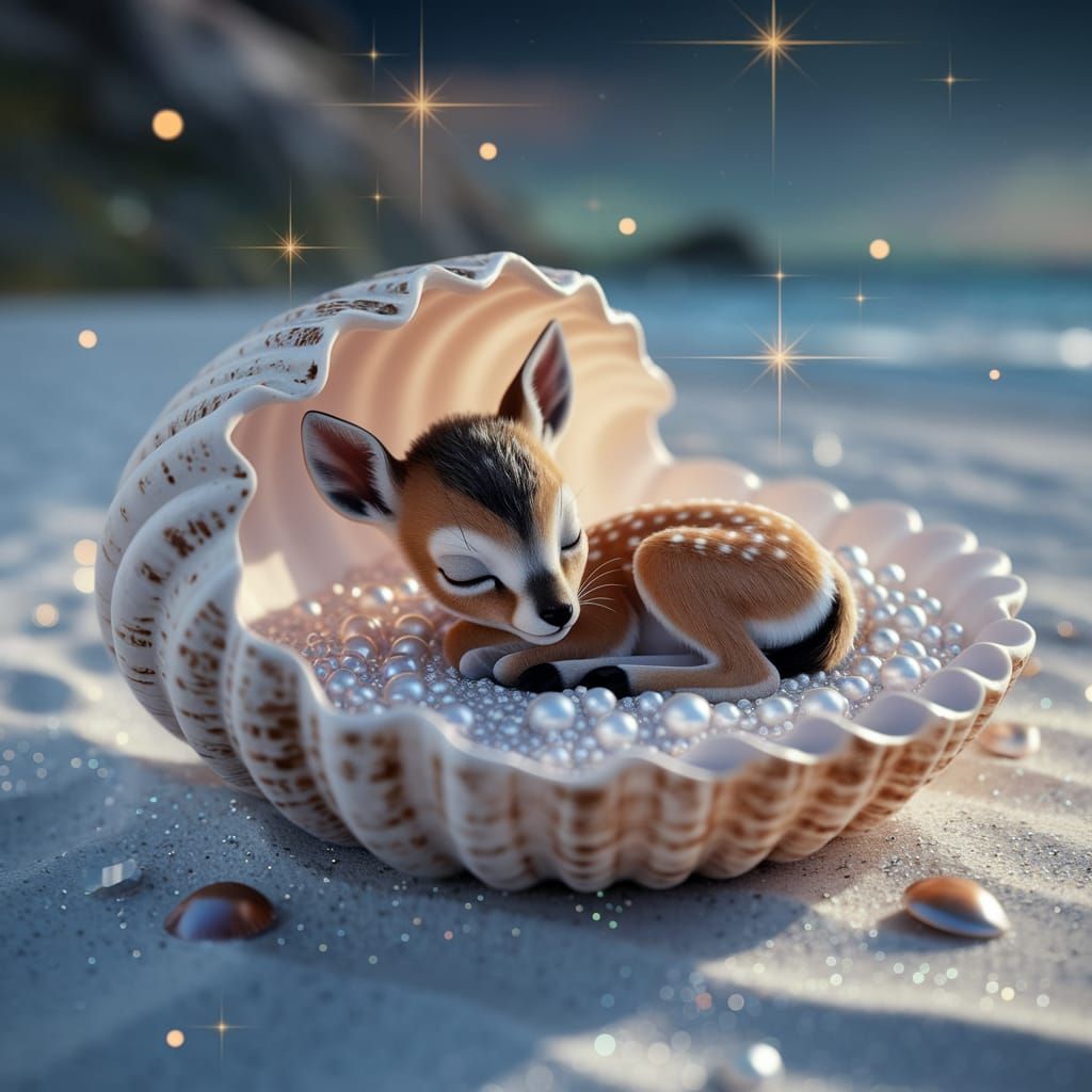 Magical Fawn Slumbers in Enchanted Seashell