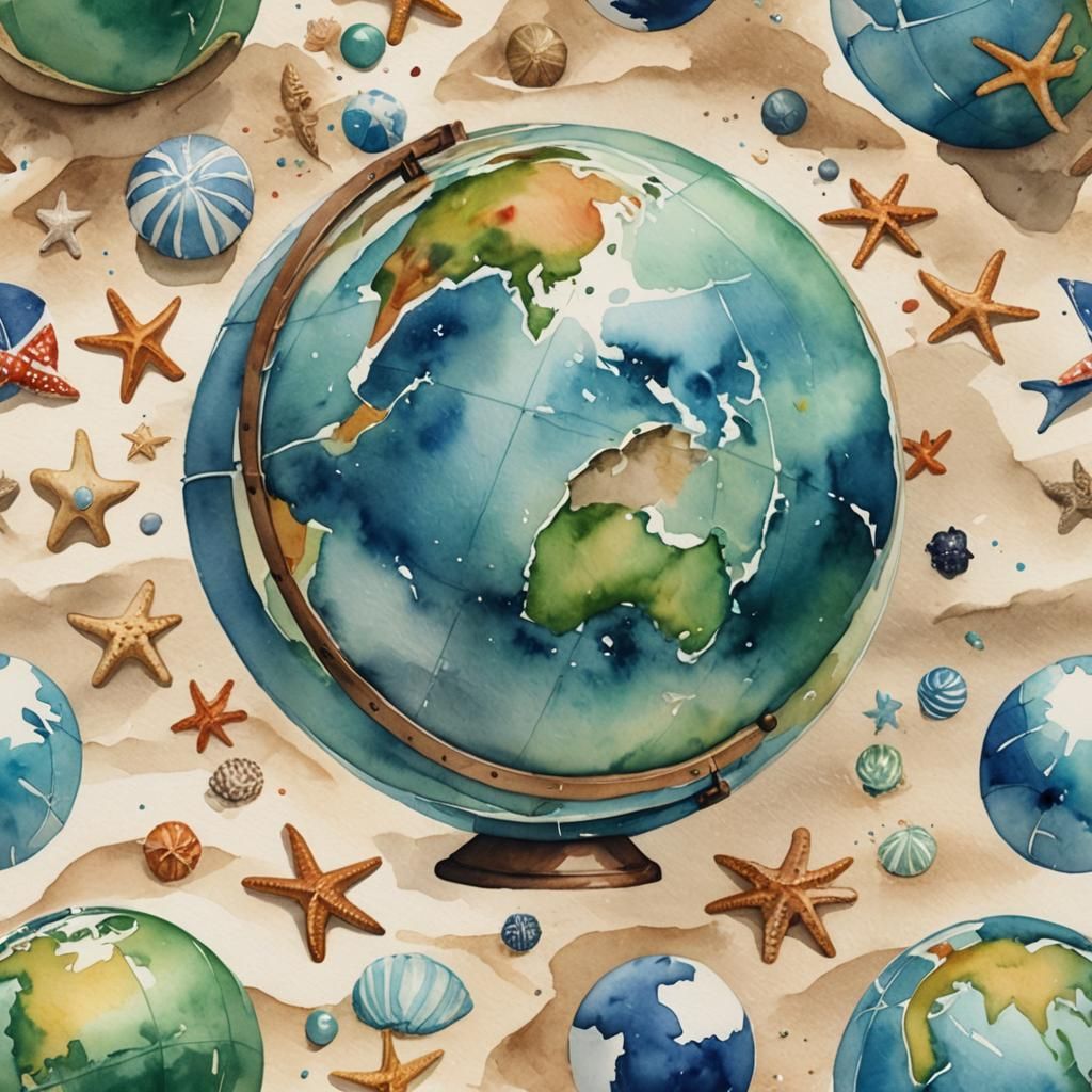 Watercolor Beach Globe Art