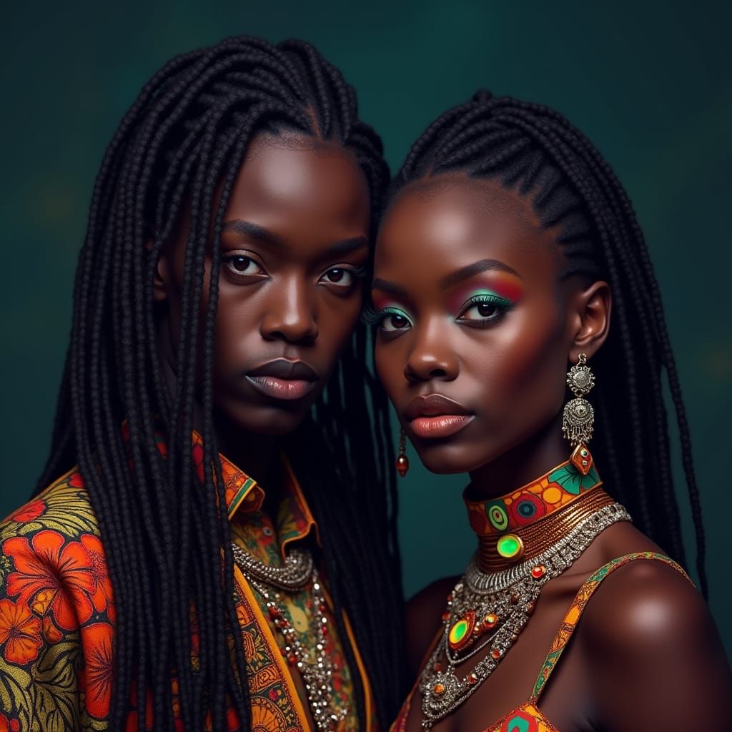 Vibrant Black Couple with Futuristic Jewelry, Hyperrealistic...
