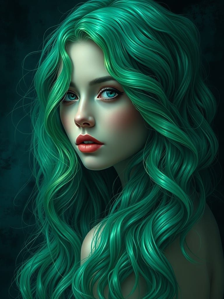 wunderschöne mysteriöse Frau mit grünen gewellten haaren