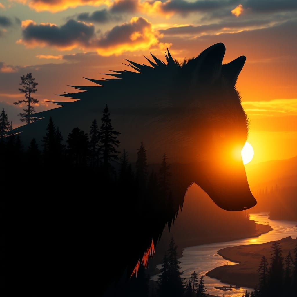 Wolf Silhouette with Mountain Landscape, Digital Art