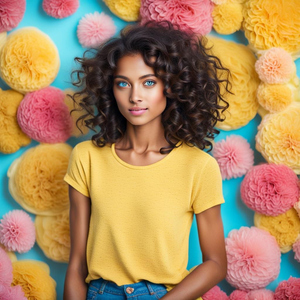 Slender Woman with Curly Hair in Yellow and Pink