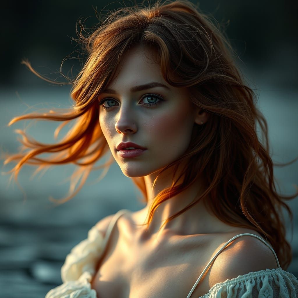 Ethereal Auburn Haired Woman in Moody Cinematic Light