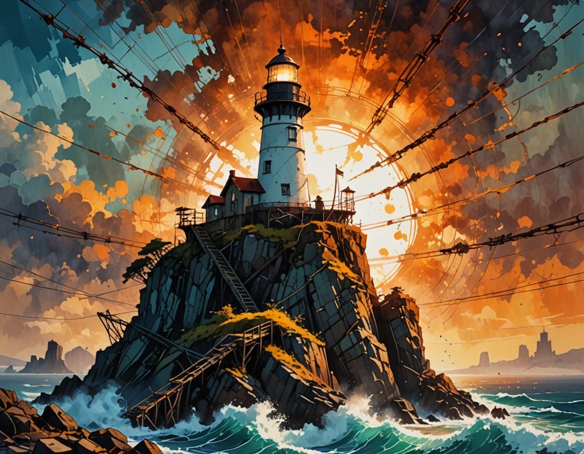 Rusty Lighthouse Floating on Cliff in Dynamic Digital Art
