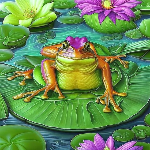 Majestic Frog Portrait on Lily Pad: Detailed Triadic Art