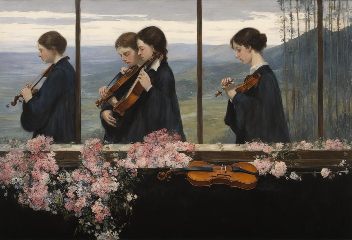 Vintage Oil Painting: Four Strings of the Violin