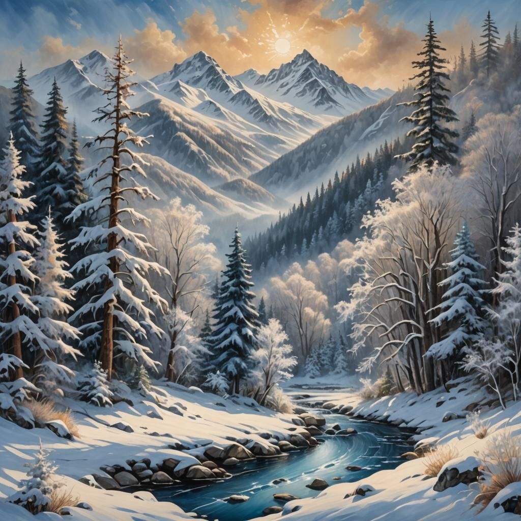 Snowy Mountain Landscape in Classic Oil Painting Style