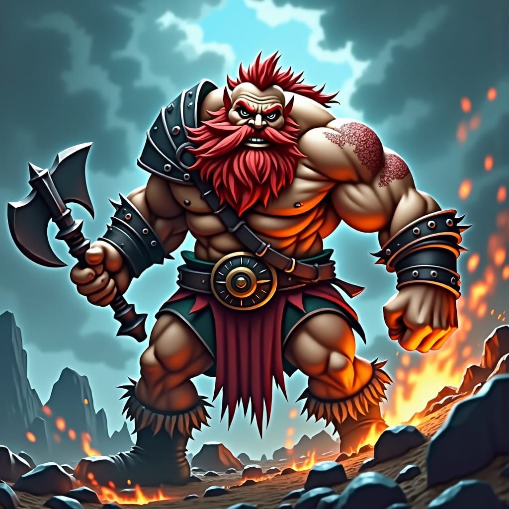 Dwarf Berserker with Axe in Fantasy Landscape