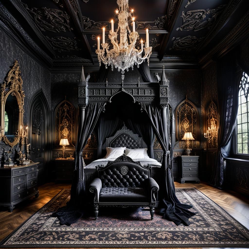 Gothic Mansion Bedroom with Chandelier in Steampunk Style