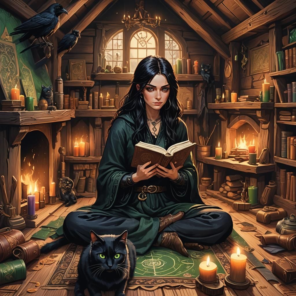 Witch Reading Spell Book in Cabin: Holographic Illustration