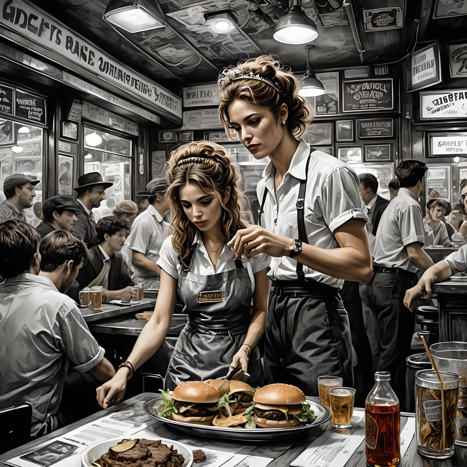Retro 60s Burger Joint Illustration in Black and White