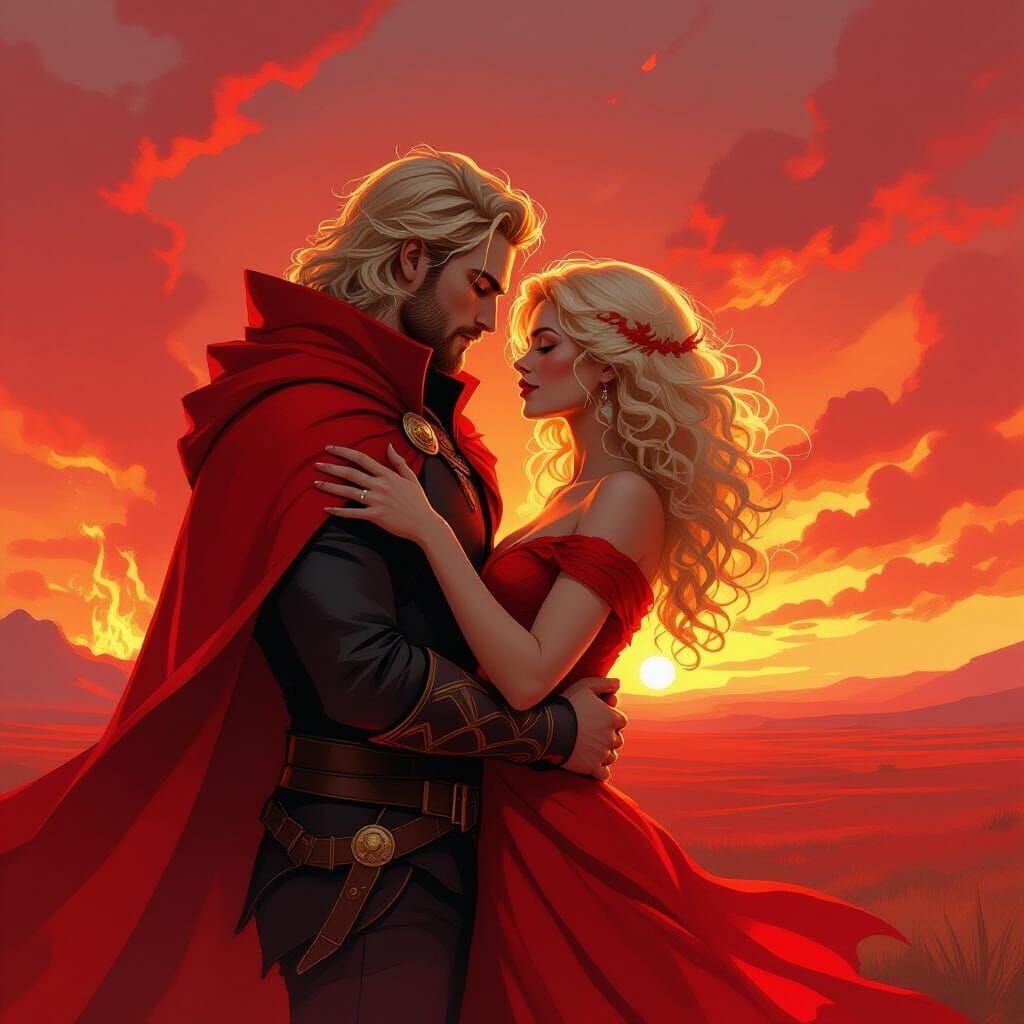 Fiery Red Desert Landscape with Embracing Figures