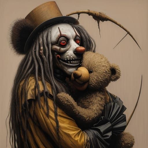 Creepy Clown Hugs Teddy Bear in Surreal Nightmare Painting