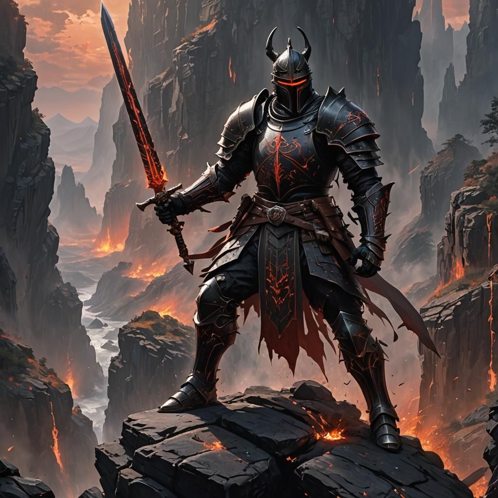 Epic Black Knight and Dragon Over Lava Sea