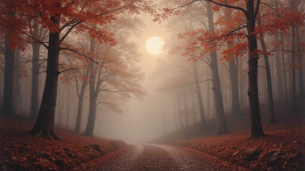 Ethereal Forest Mist with Silver Moon and Autumn Leaves