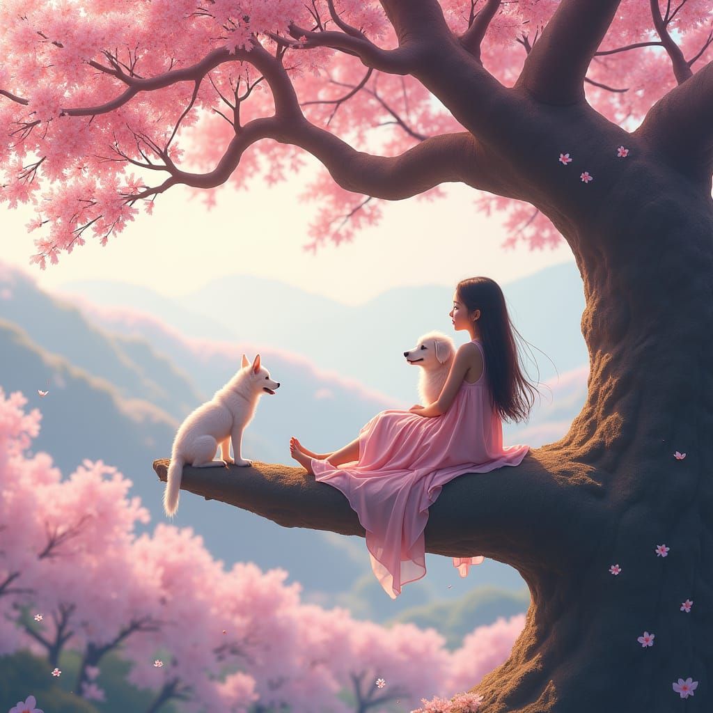 Girl and Dog in Cherry Blossom Tree Vista