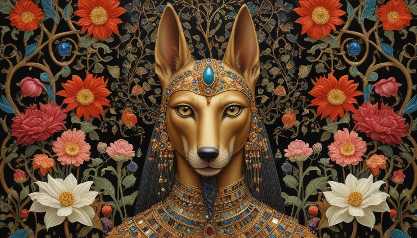 Anubis in Surrealist Landscape as Oil Painting