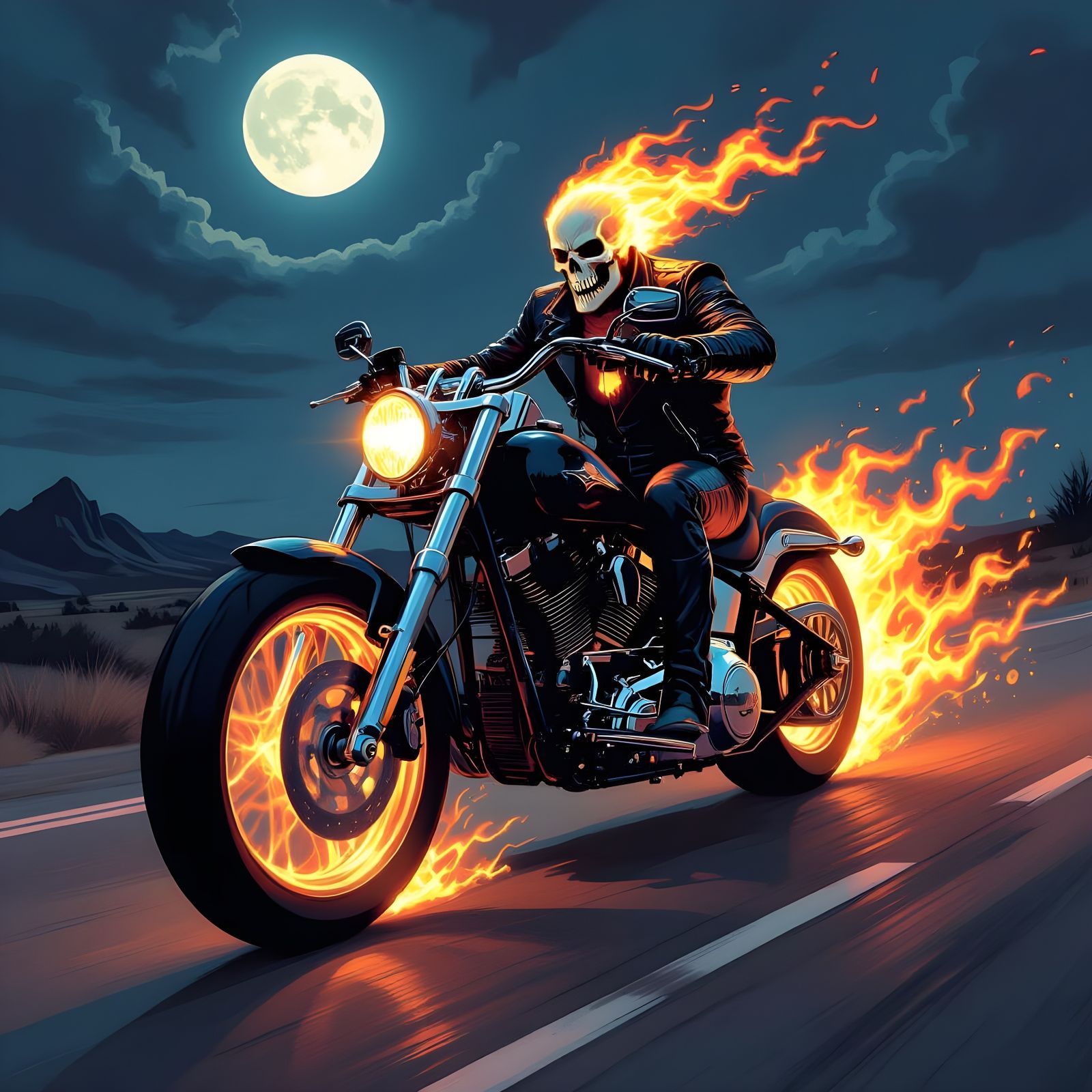 Ghost Rider on Flaming Motorcycle in Comic Style