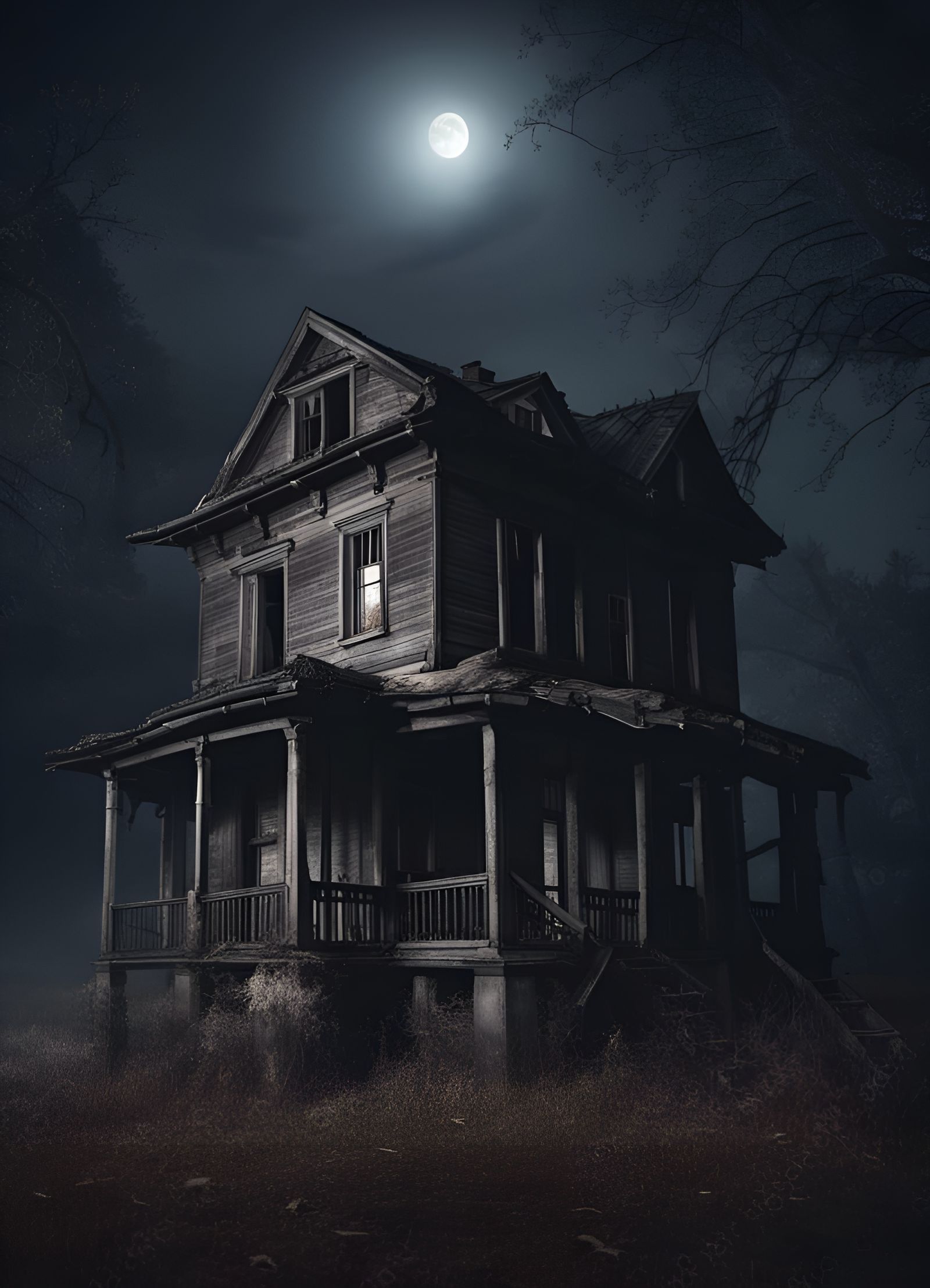 Eerie Haunted House in Misty Forest at Night