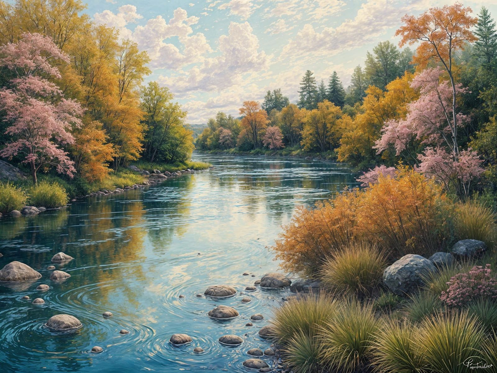 Hyperrealistic Oils Painting of River Landscape in Vibrant C...