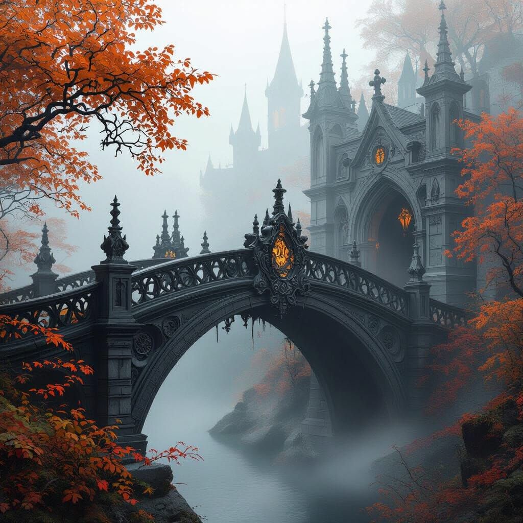 Gothic Bridge in Autumn Mist, Syd Mead Style