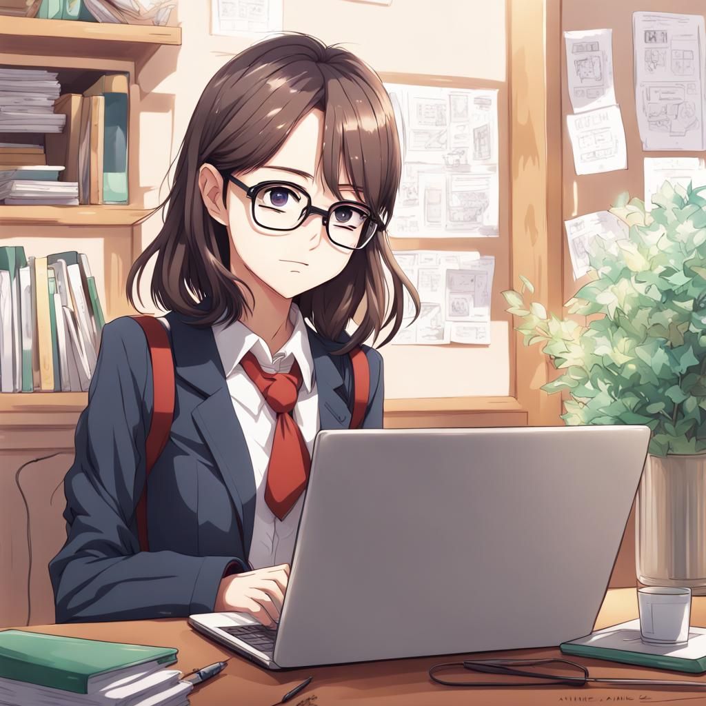 Young Woman Working: Anime-Style Digital Art