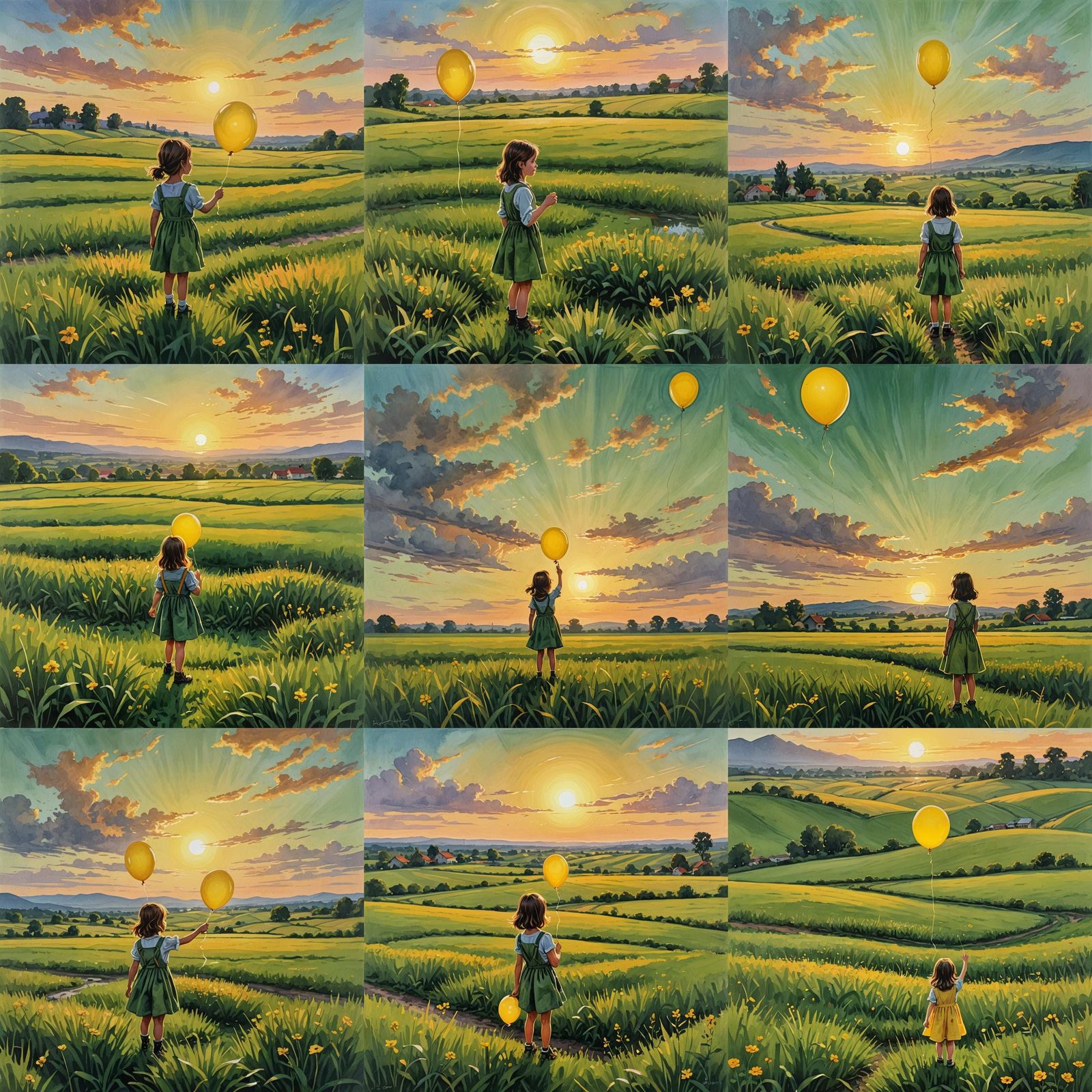 Girl with Balloon at Sunset: Gouache Painting