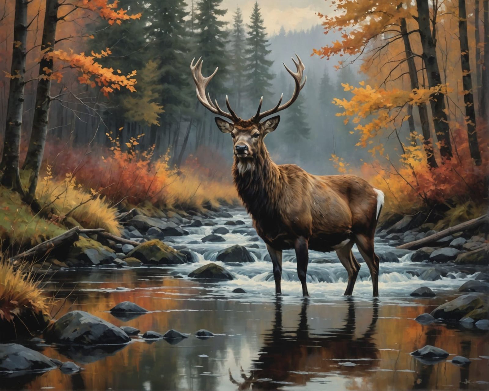 Majestic Stag in Autumn Creek: Painterly Wildlife Art
