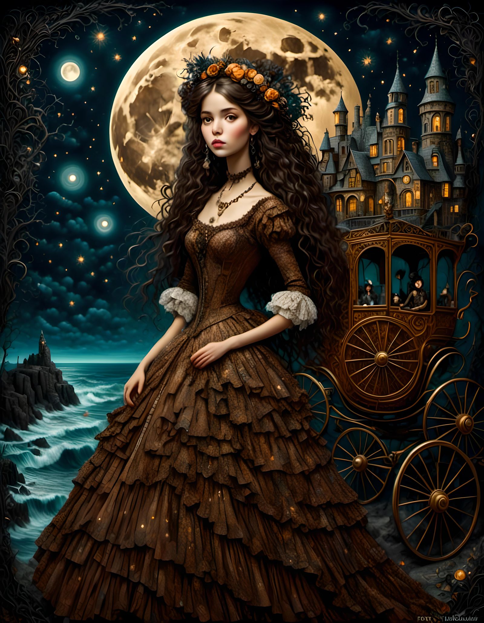 bohemian girl with long hair full of different hues of brown chunky layers with bangs and light amber colored eyes. Intr...