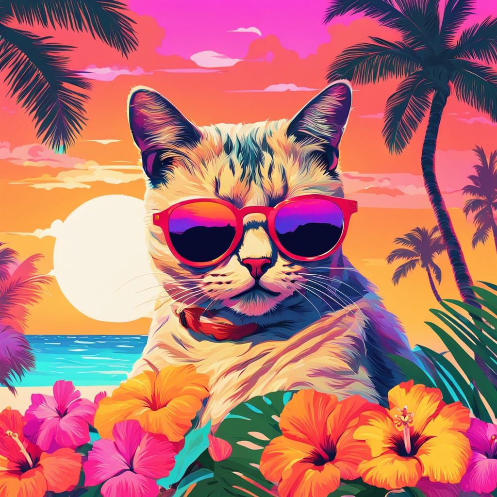 Cat on Miami Beach with Cocktail, in Pop Surrealism Style