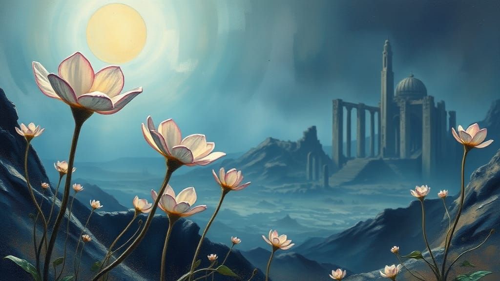 Ethereal Alien Blooms on Distant Planet as Impasto Painting