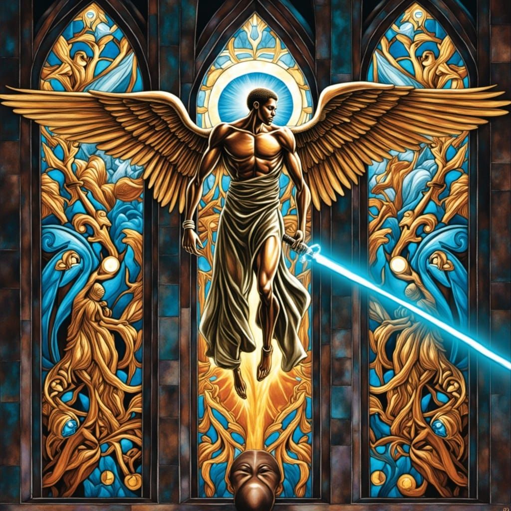 Archangel with Lightsaber in Stained Glass Window