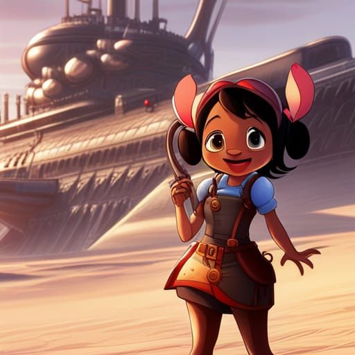 Steampunk Lilo and Stitch in Realistic Wonderland