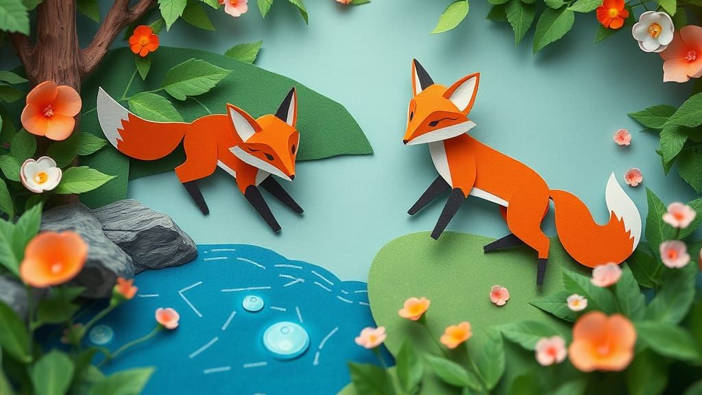 Papercraft Foxes Playing by Blue River