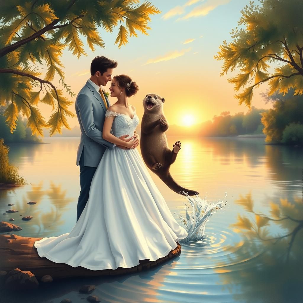 A wedding photo where a couple is kissing and a playful otte...