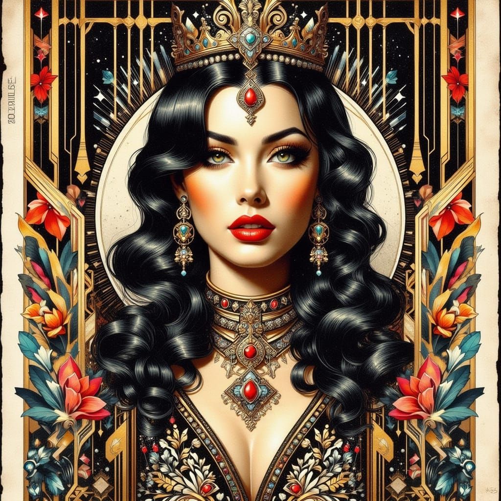 Art Deco Queen of Wands with Geometric Motifs