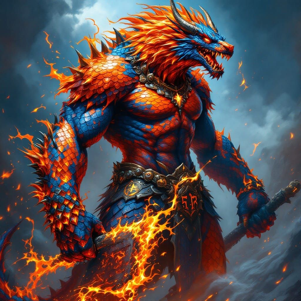 Majestic Fire Salamander Beast Man with Snake Head and Horns