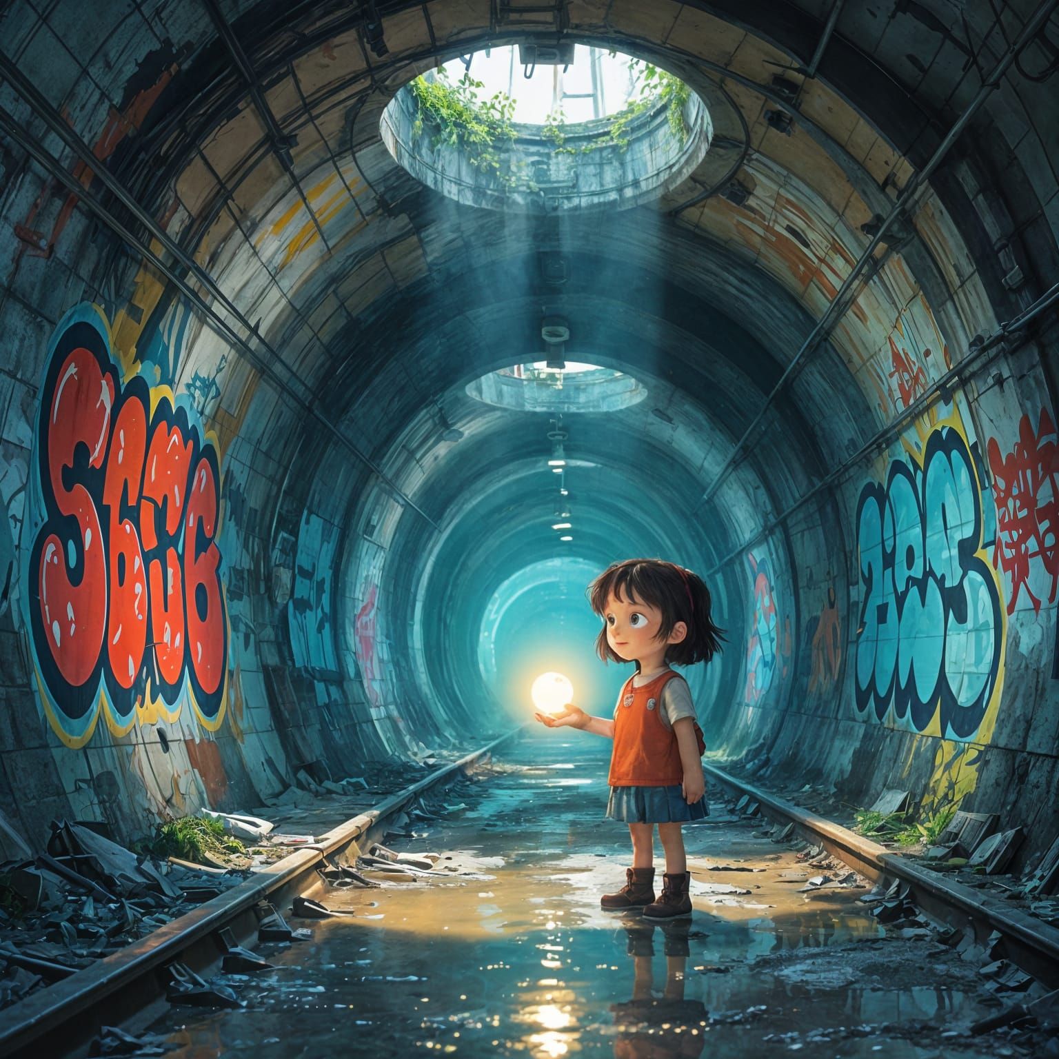 Girl With Glowing Orb in Abandoned Subway Station